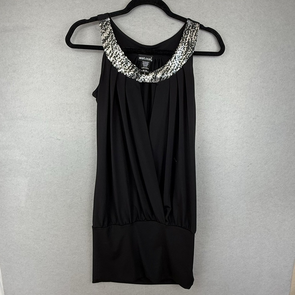 VTG Wet Seal Black Sequin Neck Halter Top/Dress Banded Sz M Sleeveless 90's Y2K - Picture 3 of 9